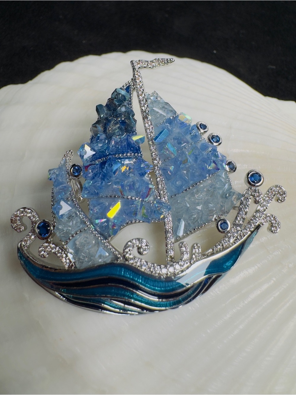 Sailboat Brooch Pendant Blue Crystal CZ Nautical Jewelry